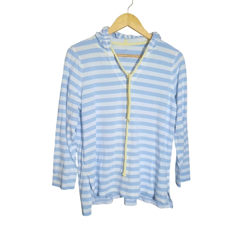 J. Jill Womens Blue and White Stripe 3/4 Sleeves Drawcord Hooded Top Size MP